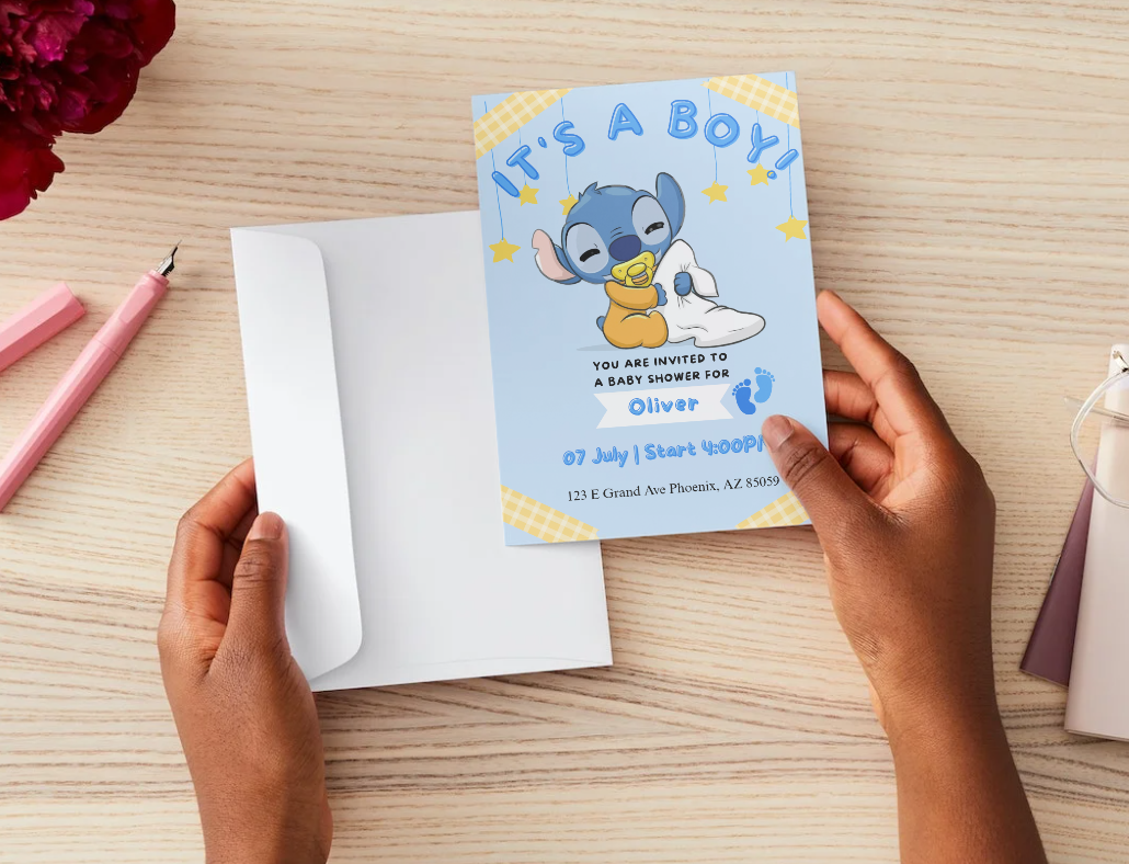 Baby Stitch and Angel Baby Shower Invitation
